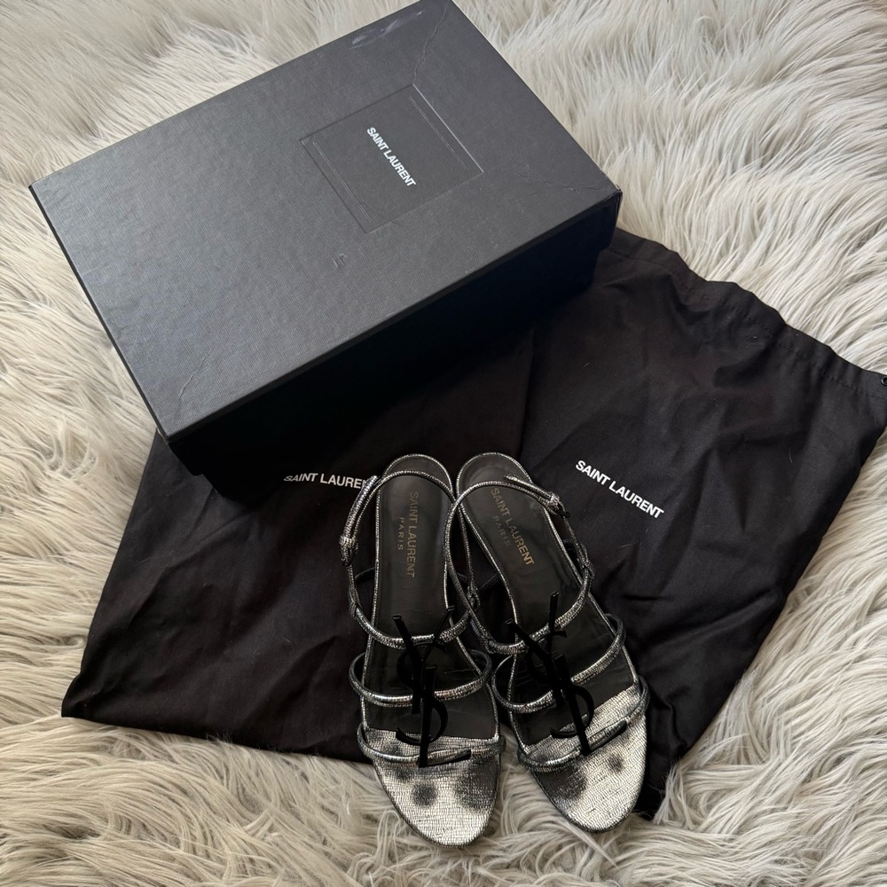 SAINT LAURENT Calfskin YSL Cassandra Monogram Logo Strappy Sandals Metallic 36 - Picture 9 of 11